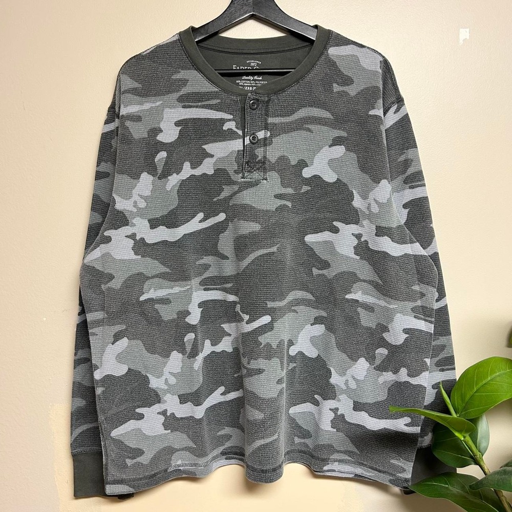 Faded Glory Mens XL Arctic Camo Waffle Knit Henley Thermal Shirt Grey Y2K